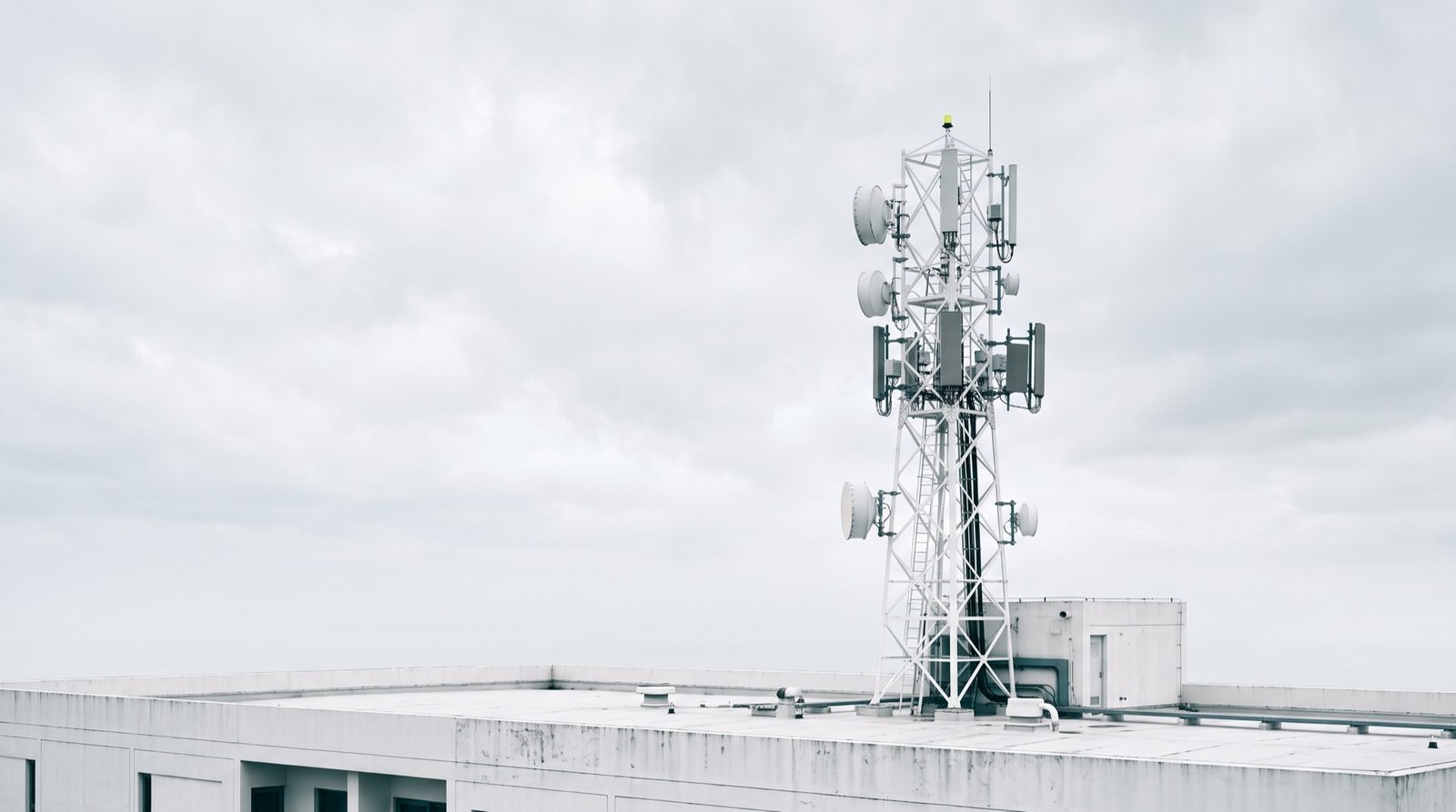 Telecom mast on a white rooftop under a pale sky